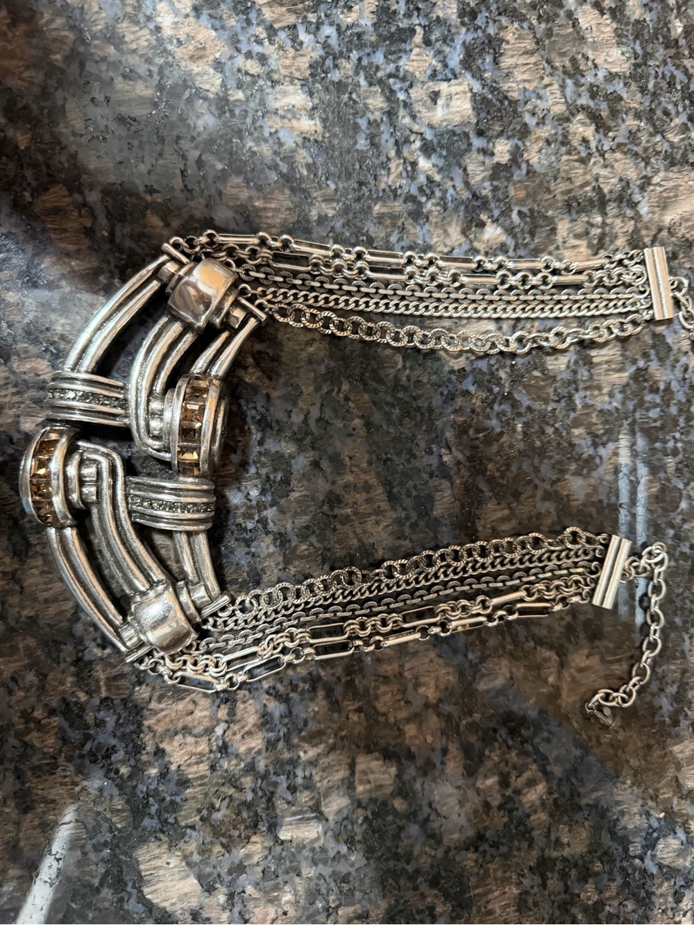 Vintage Clb Silver-Tone Multi-Chain Statement Necklace with Smoky Accents